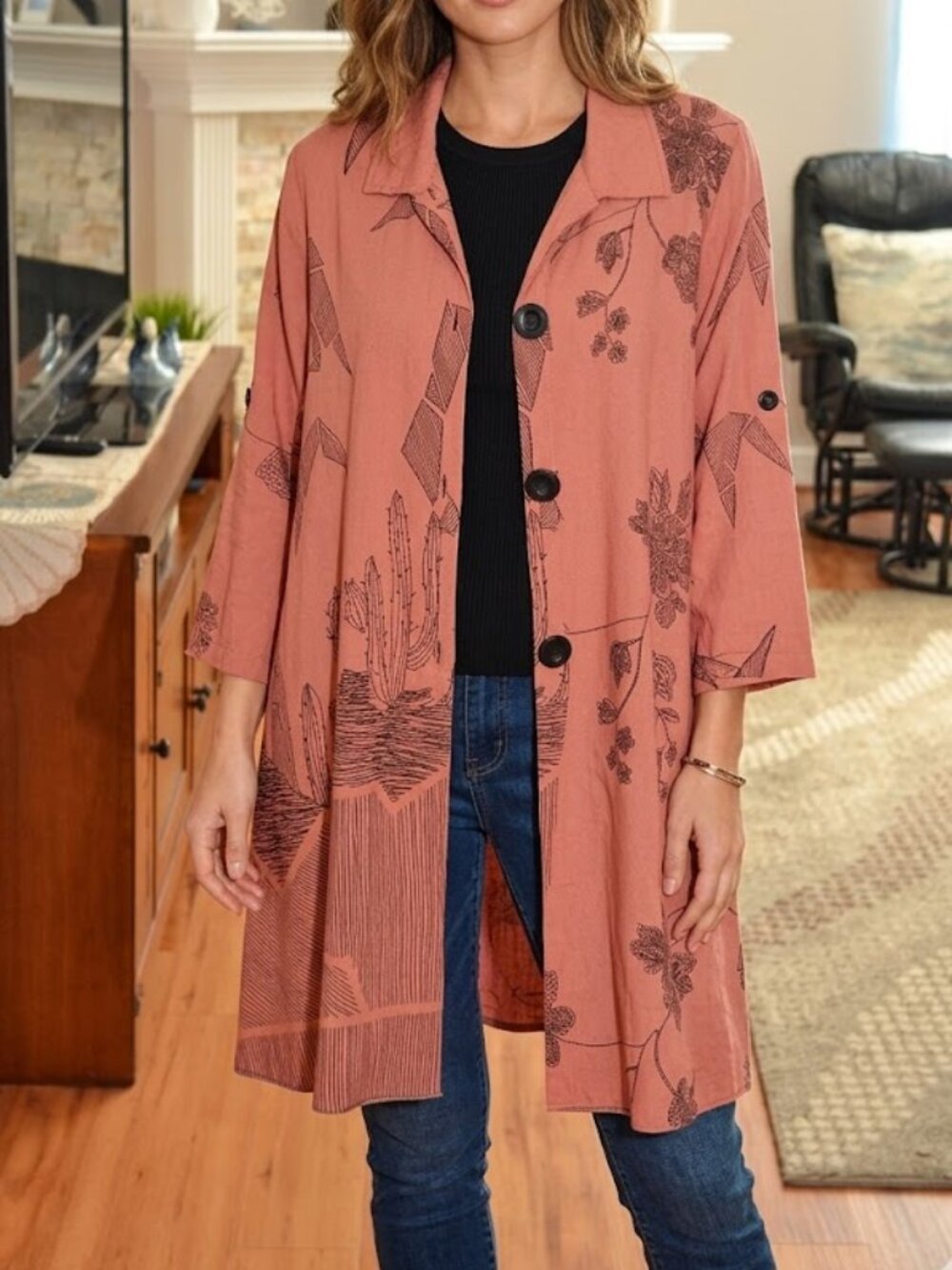 Catalog Favorites Terracotta Art Desert inspired Duster Boho Shirt jacket, sz M